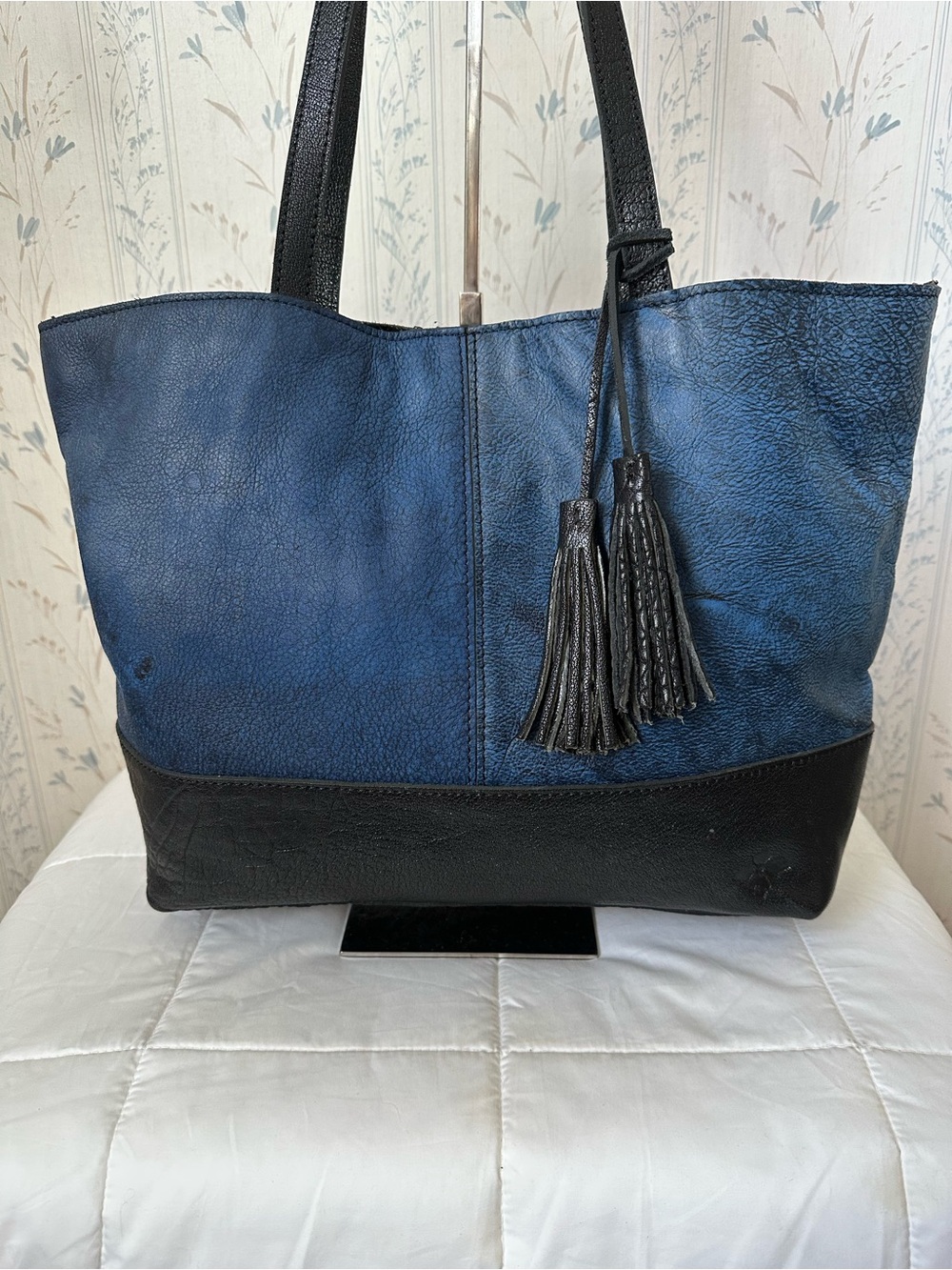 Patricia Nash Blue and Black Leather Tassel Tote
